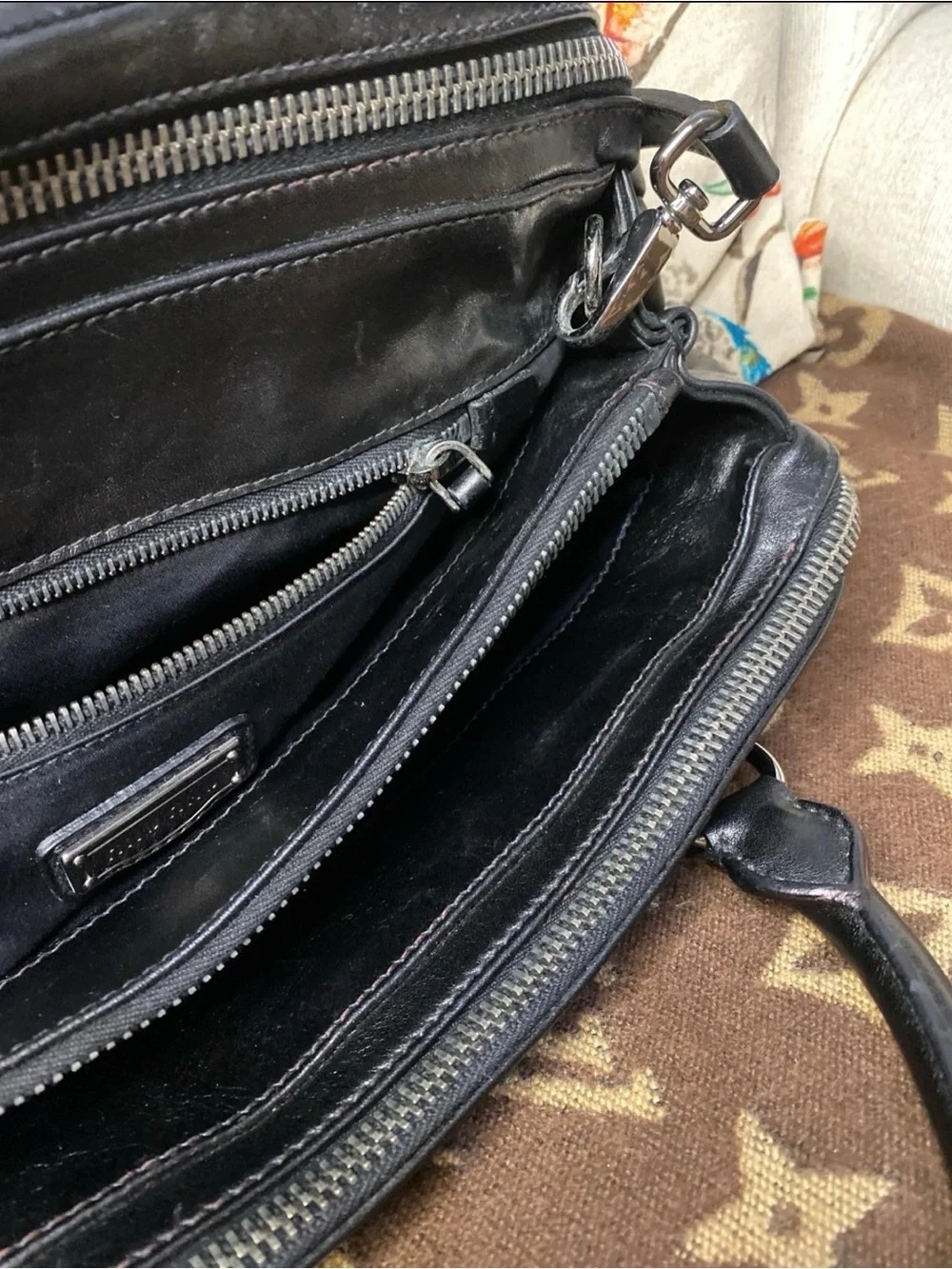 Miu Miu Triple Zip Black Croc Embossed Patent Leather Satchel